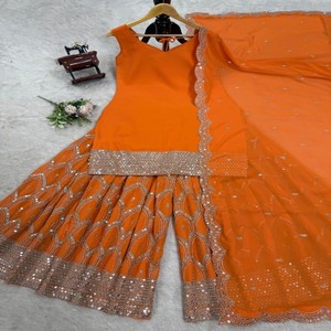 Conjunto de traje de fiesta Plazo Georgette de imitación de 3 piezas con micro interior, bordado de lentejuelas y Plazo cosido, Dupatta incluida - Product Image 3