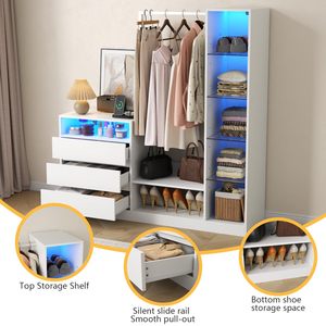 Armoire ouverte moderne avec éclairage LED, <span class=keywords><strong>commode</strong></span> de chambre <span class=keywords><strong>blanche</strong></span> avec porte-vêtements <span class=keywords><strong>et</strong></span> étagères en verre, organisateur de placard intelligent à 3 tiroirs - Product Image 3