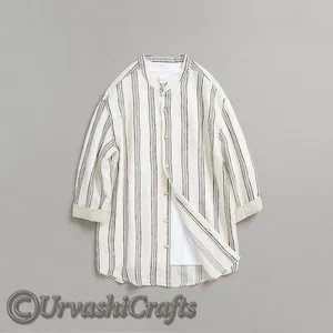 Kemeja Linen bergaris musim panas kualitas ekspor Premium kaus Linen katun murni kerah berdiri Tiongkok Vintage untuk pria grosir