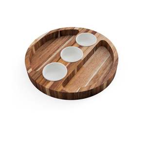 Plateau à copeaux et trempette en bois d'acacia avec bol en céramique blanche Plateau de service multi-sectionnel Plat de service en bois élégant - Product Image 3