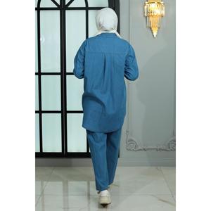 Ensemble 2 pièces en jean clouté bleu clair MSW19183-1 – Tenue décontractée d'été : Haut long à col rond et short midi longueur genou 100 % polyester - Product Image 3