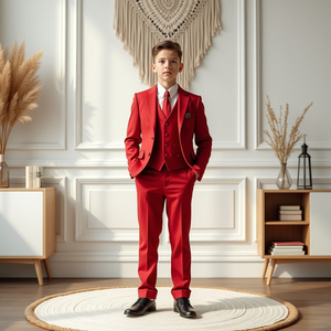 Costumes 3 pièces rouges pour garçons smoking à simple boutonnage pour enfants tenue colorée pour enfants robe de soirée dansante pour hôte de bal de promo - Product Image 3