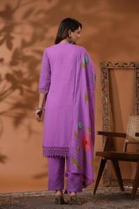 Ropa de fiesta de algodón puro Chikankari Pincel de mano Pintura Top y pantalón y traje Dupatta Último conjunto de pantalón superior al por mayor para mujeres - Product Image 3