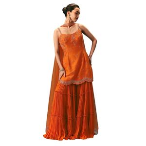 Arancione in seta grezza lavoro a mano Kurti Sharara Set di lusso per matrimonio e Festival vestito firmato per donne eleganti - Product Image 3