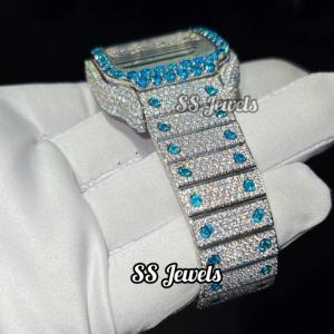 Montre de luxe unisexe glacée VVS Moissanite diamant en acier inoxydable montre en verre pierre précieuse bleue 41mm diamètre ETA mouvement mécanique passe - Product Image 6