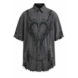 Grey Color Regular Fit Black Print Chains Ripped Hem Turndown Collar Eco-Friendly High Street Style Gothic Jersey Shirt Men's - Product Image 2