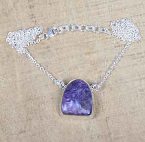 925ฮิปปี้สไตล์โบฮีเมียนสเตอร์ลิงเงินแท้เครื่องประดับเพชรพลอยชาโรไลท์แบบเหลี่ยมเพชรพลอยสีม่วงธรรมชาติสีทึบการตั้งค่าเครื่องประดับที่มีเสน่ห์ - Product Image 5