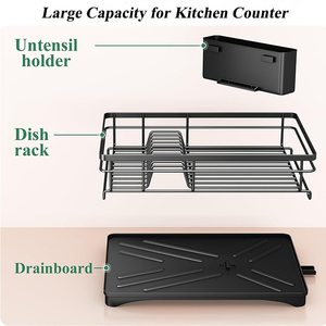 Hot Selling Large Black Iron Kitchen Dish Drying <strong>Rack</strong> With Drainboard Dish Drainer