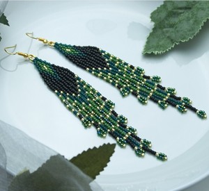 <b>Emerald</b> Green Ombre Earrings Beaded Dangle Earrings Gypsy Beadwork Earrings Long Dark Green Seed Bead Earrings Elegant Gift for - Product Image 2