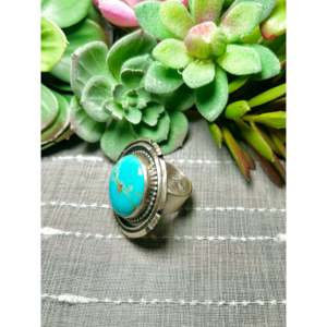Navajo Handmade <b>Statement</b> <b>Ring</b> Kingman Turquoise & Sterling <b>Silver</b> Bezel Set Size 8.25 for Everyday Wear - Product Image 4