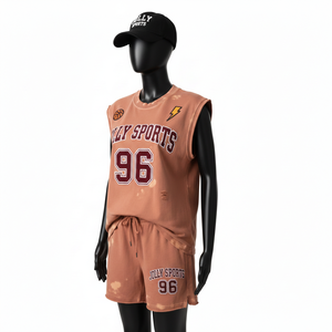 Ensemble t-shirt et short en jersey de maille sans manches pour femmes, tissu doux et respirant, lavé, marron, logo thermocollé, 100% coton, ensembles pour femmes - Product Image 4