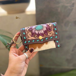 Western Hair on Cowhide Leather New Hand Tooled Carving Small Wristlet <b>Coin</b> <b>Purse</b> Multi Uses Mini Wallet for Women Western Gifts - Product Image 1