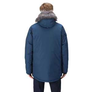 Veste parka d'hiver rembourrée imperméable bleue pour homme avec fermeture éclair, poches avant et fausse fourrure sur le capuchon, veste pour homme, design OEM - Product Image 2