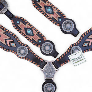 Conjunto de cuello de pecho de cabeza de cuero tallado a mano occidental exportador indio conjunto de cabeza de caballo de cuero trenzado de piel de vaca genuina OEM - Product Image 2