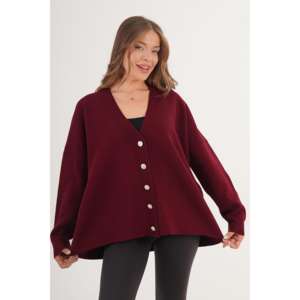 Cárdigan Borgoña al por Mayor con Detalle de Botones, Corte Holgado, Estilo Casual para la Temporada de Otoño - Product Image 4