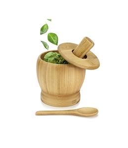 Wooden <b>Mortar</b> and <b>Pestle</b> Set 5-Inch Bamboo Bowl and Grinder Set, Wood Molcajete Muddler and Bowl with Lid and Spoon - Product Image 1