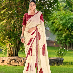 ส่าหรีผ้าไหมชีฟองแท้สไตล์อินเดียพร้อมขอบลูกไม้และเสื้อส่าหรีสีแฟนซี - Product Image 1