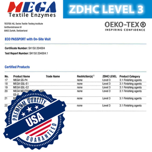 Enzyme liquide MEGA Cellulase pour lavage acide du denim, haute concentration, certifié ISO, pH 5,5-7,5, activité enzymatique - Product Image 6