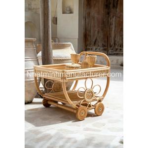 Carrito de Servicio de Comida y Bebida Tejido en Ratán Natural para Niños, Carrito de Té de Ratán, Carrito de Juego de Imitación para Niños - Product Image 1