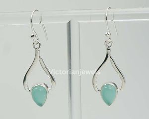 925 <b>Solid</b> Sterling <b>Silver</b> May Birthstone <b>Earrings</b> Aqua Chalcedony Pear Shape Hook Charm <b>Earrings</b> - Product Image 3
