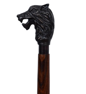 Canne De Marche Homme Tête De Loup - Bois Et Laiton - Reproduction Victorienne