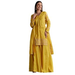 Ivory <b>Silk</b> Kurta Palazzo Suit With Applique <b>Organza</b> Dupatta Wholesale Women Ethnic Apparel OEM Clothing Factory Bulk Supplier - Product Image 2