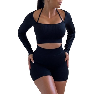 Gran oferta 2025, traje deportivo de dos piezas para mujer, Top corto ajustado de punto acanalado, pantalones cortos de manga larga, diseño Halter sólido, botón 6XL de invierno - Product Image 2