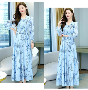 Vestido largo estampado de chifón plisado con cuello cuadrado, manga larga, estampado floral botánico, cinturón y cintura alta, para primavera/verano, uso diario, ODM - Product Image 5