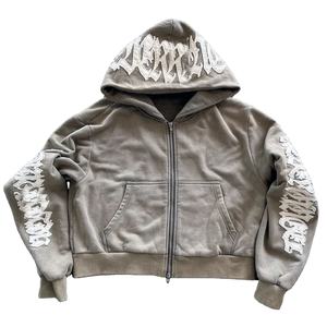 Sweats à capuche personnalisés pour hommes, broderie avec appliques, sweat à capuche avec fermeture éclair en détresse 480gsm, coupe surdimensionnée, 100% de coton, éponge lavée à l'acide - Product Image 2