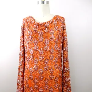 Vestido con cuentas de lentejuelas rosas de encaje naranja de los años 60/Maxi vestido con cuentas completas de los años 60 con mangas anchas de campana