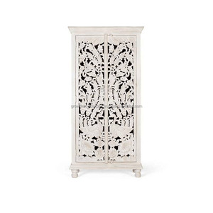 Armario indio hecho a mano encalado armario de almacenamiento para dormitorio muebles de madera de mango macizo indio tallado a mano a granel - Product Image 1