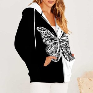 Sudaderas con capucha para mujer, estampado de mariposa, cordón con cremallera, manga larga, sudaderas para mujer, estampado informal, cremallera, Tops con capucha, blusa - Product Image 3