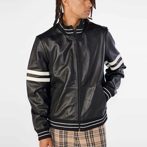 Chaqueta Bomber de cuero negro para hombre con rayas-Estilo retro clásico con detalle de rayas, perfecto para casual y urbano - Product Image 4