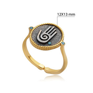 Anillo Ajustable Chapado en Oro Vintage con Símbolo Hamsa y Piedra Turquesa CZ, Hecho a Mano en Turquía, para Bodas, Aniversarios y Fiestas, Plata de Ley 925 - Product Image 2