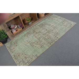 Vintage Turkish Rug Large Area 3.4 X 6.8ft Handmade Wool with Latex Backing Green Beige Patchwork Design for Hallway or Room - Product Image 2