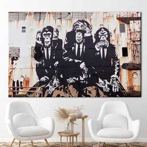 Obra de arte impresa en lienzo de Banksy Three Wise Monkeys - Elegante decoración de arte callejero, 1P:Gallery Wrapped - Product Image 1