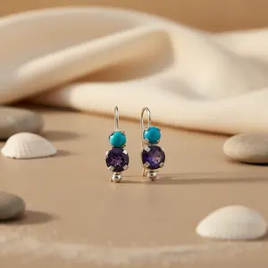 Boucles d'oreilles pendantes en argent 925 avec turquoise et améthyste pour femmes - Product Image 1