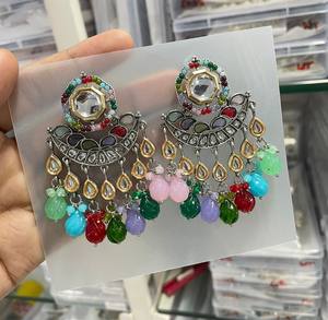 <b>INDIAN</b> LATEST TRADITIONAL KUNDAN HIGH GOLD PLATED WITH PEARL DESIGNER BEAUTIFUL FANCY KUNDAN EARRINGS SET for WOMEN and GIRLS - Product Image 2