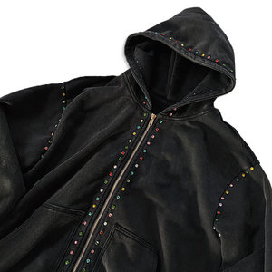 Sweat à capuche surdimensionné en coton mélangé délavé avec strass pour hommes, sweat à capuche zippé de qualité supérieure personnalisé - Product Image 3