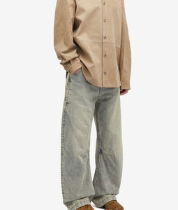 กางเกงยีนส์สีกากีจางแนววินเทจสำหรับทุกเพศ, กางเกงยีนส์ผ้าฝ้าย100% เข้ารูปขาตรงทรงหลวมย้อนยุคซักได้เอวกลางที่ถักทอน้ำยาปรับผ้านุ่ม - Product Image 3