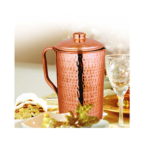 Pichet à eau en cuivre pur fait à la main avec un récipient ayurvédique au fini lisse pour le stockage de l'eau Cuisine Salle à manger avec couvercle - Product Image 1