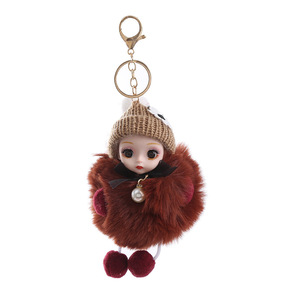 Porte-clés poupée bébé endormi en peluche douce Kawaii avec nœud, porte-clés bébé à grands yeux <span class=keywords><strong>et</strong></span> pompons mignons, pendentifs pompons roses duveteux - Product Image 6