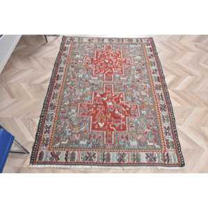 Vintage Turkish Rug, Accent 3.6x5 ft (111x152 cm) Rug, <b>Red</b> Bordered <b>Wool</b> Rug - Product Image 1