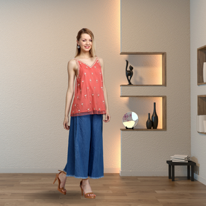 Women's Elegant <b>Coral</b> Trendy Spaghetti Strap Blouse Handmade Sleeveless V-Neck <b>Top</b> Sequined Embellishment Natural Summer Party - Product Image 3