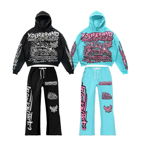 2026 Streetwear personalizado desgastado bordado parche Rhinestone Zip up Sudadera con capucha y pantalones de chándal conjunto hombres ácido lavado chándal - Product Image 5