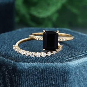 Black Onyx Ring Emerald Cut Ring Set Of 2PCS 925 Sterling <b>Silver</b> 14K Gold Plated Wedding Anniversary Ring - Product Image 2