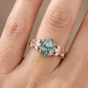 Anillo de Compromiso de Plata de Ley 925 con Ágata Musgosa, Anillo Ovalado con Hoja de Ágata Musgosa, Anillo de Promesa Inspirado en la Naturaleza para Mujer - Product Image 6