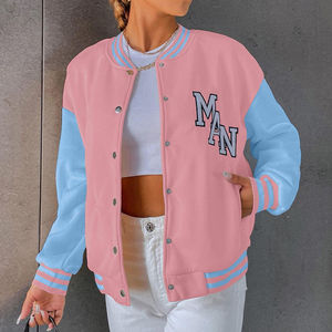 Chaqueta universitaria rosa de alta calidad personalizada para mujer con cuello levantado bordado de letras hombro caído-para abrigos de invierno universitarios - Product Image 3
