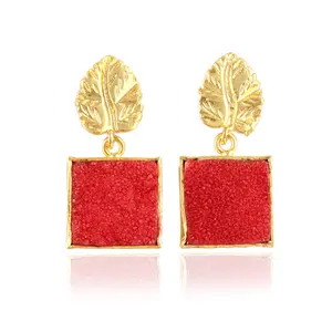 Best selling popular jewelry women earrings square shape real red sugar druzy gold plated carving leaf design handmade earring