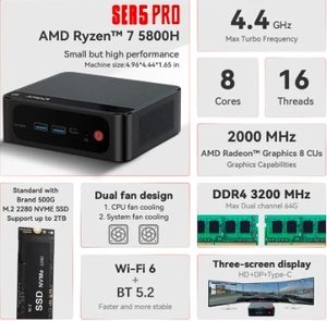Beelink Ry-zen 7 5800H SER5 Pro Mini PC AMD <span class=keywords><strong>DDR4</strong></span> <span class=keywords><strong>16GB</strong></span> <span class=keywords><strong>RAM</strong></span> 500GB SSD WiFi6 4K HD Computadora de escritorio Silenciosa para el aprendizaje de juegos de oficina - Product Image 4